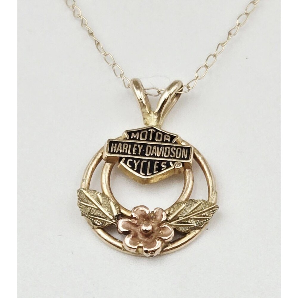 Vintage Harley Davidson 10K Gold Tri-Color Floral Pendant 14K 585 Chain 1.07g